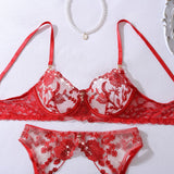 Heavy industry embroidery sequin red slim fit perspective high-end splicing gemstone decoration sexy lingerie four piece set
