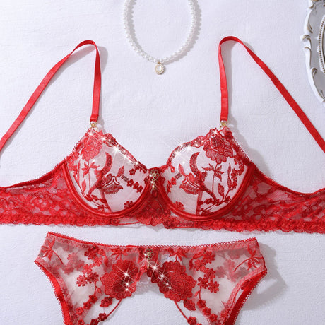 Heavy industry embroidery sequin red slim fit perspective high-end splicing gemstone decoration sexy lingerie four piece set
