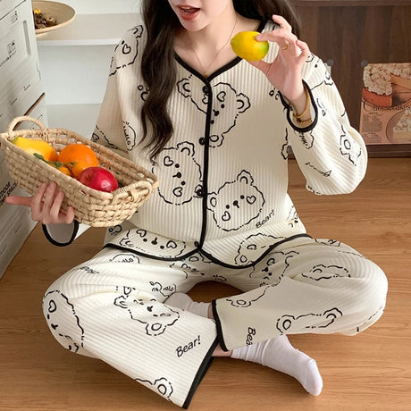 Thickened Air Cotton Sleepwear Set for Women Autumn Winter Polka Dot Home Clothes Korean Style Cute Girl Long Sleeve V-Neck