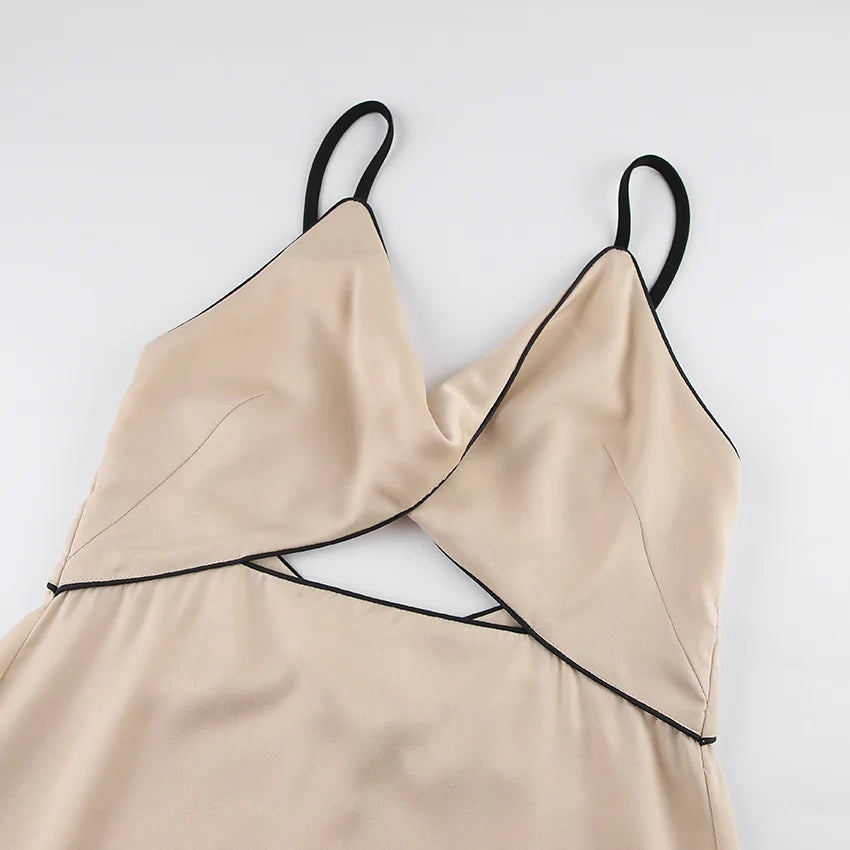 Black Satin Knot Hollow-out Straps Long Dress French Style Sexy Sleeveless Slit Women Summer Dress Lady Evening Party Gowns