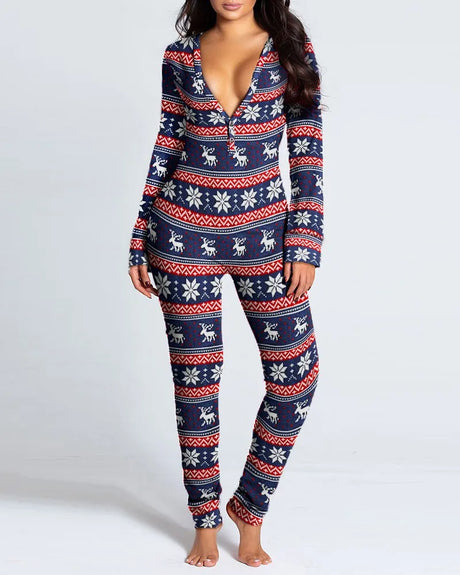 Sexy Pyjama Women's Long Sleeves Homewear Suit Button-Down Front Back Butt Bum Open Ass Flap Jumpsuit Loungewear Christmas Print