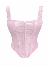 Floral Jacquard Wide Strap Corset Top Front Hook Back Lace Up Square Neck For Women