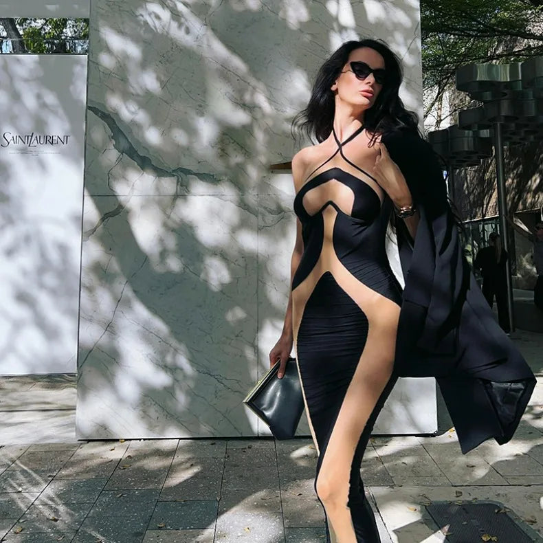 Hanging Neck Suspender Slim Fit Nightclub Sexy Women's Long Dress Elegant Fashionable Perspective Temperament Dinner Dress