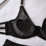 Ellolace Tempted Women's Lingerie Sets Daring Heart Rhinestone Bra Belt Thong 3PC with Choker Leg Circles Intimate Miss Outfits
