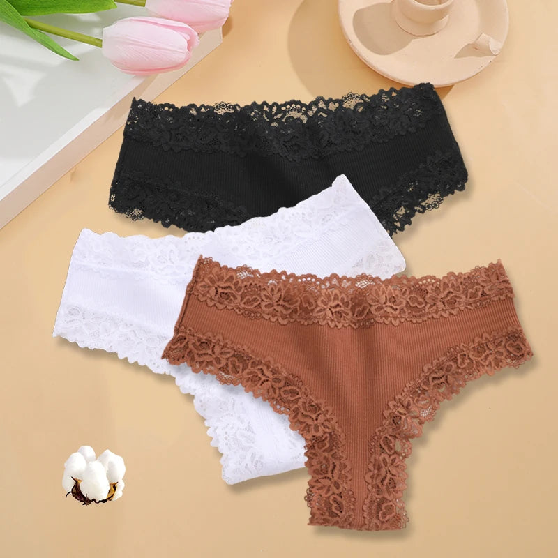 3PCS/Set Sexy Lace Seamless Cotton Brazilian Panties Women Ribbed Intimates Breathable Panties Low Waist Female Cotton Underwear