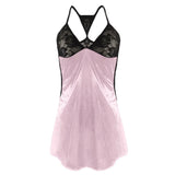 Womens Sexy V-neck Night Mini Dress Summer Fashion Lingerie Slip Sheer Lace Solid Patchwork Sling Sexy Backside Nightdress