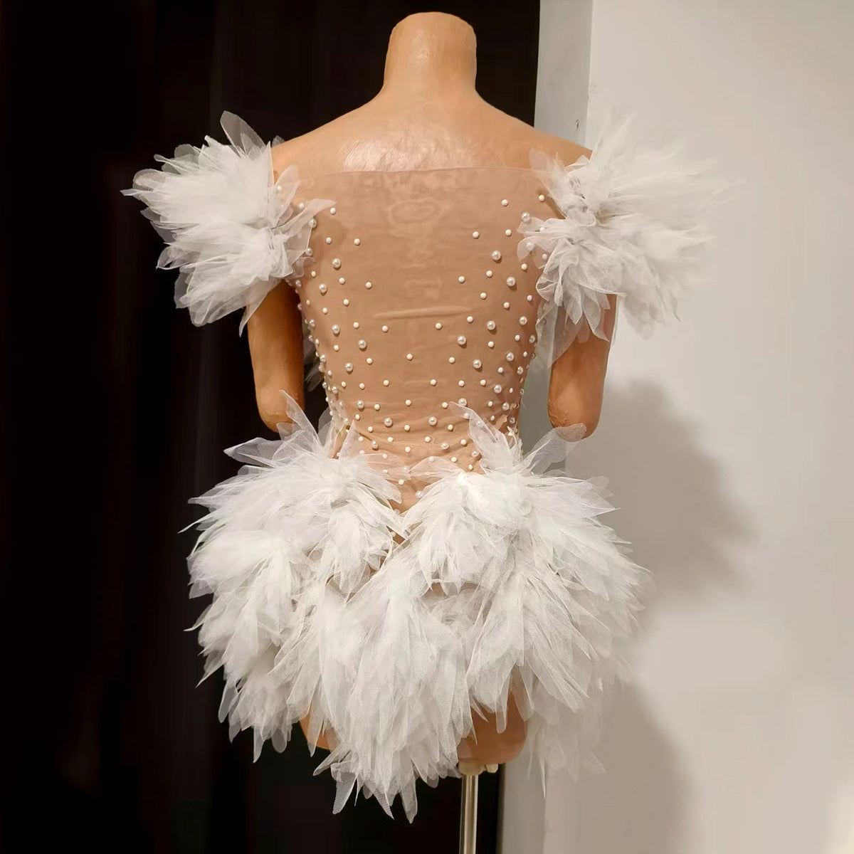 Sexy White Rhinestone Skirt Transparent Wings Mini Dress Bar Nightclub Party Singer Stage Performance Costume Drag Queen Outfit