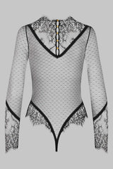 Tornova Erotic Bodysuit Sexy See-through Lace Jumpsuit Black V-neck Long-sleeved Sexy Cute Lingerie Set Tempting Pure Lust Style
