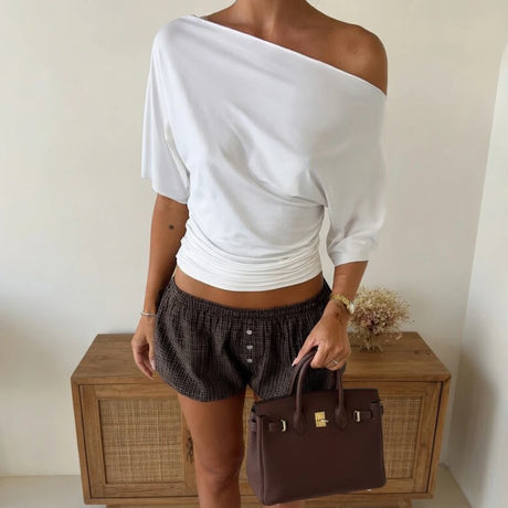 Talenza Summer One Shoulder Tops Fashion Slim Shrink Short Sleeve T-Shirts Sexy Party Y2k Streetwear Solid Pullover Tops Women