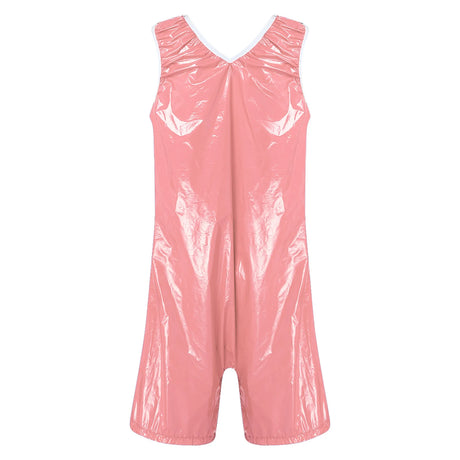 Women One Piece Adaptive Pajama Nightwear Shiny Metallic Sleeveless Buttoned Sleeveless Jumpsuit Waterproof Rompers Bodysuit
