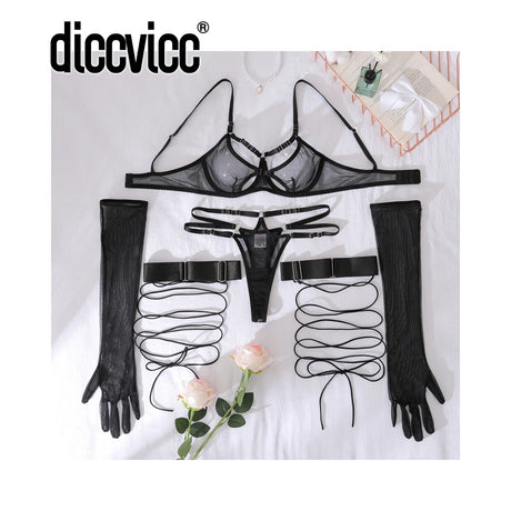 Diccvicc Transparent Mesh Lingerie Bandage Bra Fancy Cut Out Panty Set with Gloves Naked Women Sexy Underwear Uncensored Outfits