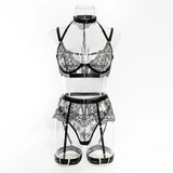 Krasapt Black Lace Embroidered Metal Buckle Sexy Lingerie Set Front Open See-through Lingerie 5Pcs Set Fancy Exotic Intimate Set