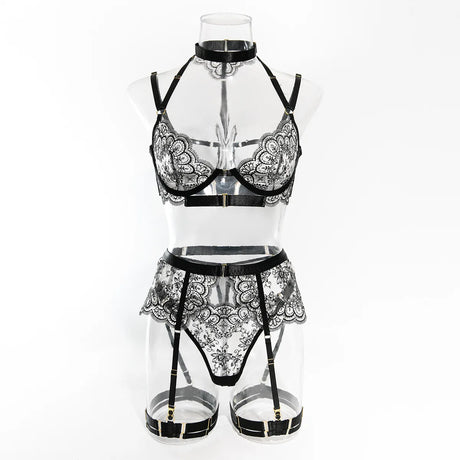 Krasapt Black Lace Embroidered Metal Buckle Sexy Lingerie Set Front Open See-through Lingerie 5Pcs Set Fancy Exotic Intimate Set