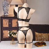 Women's Black Lace Lingerie Set Underwire Bra Thong Panty Garter Straps Choker Gloves Floral Embroidery Sexy Underwear Outfit