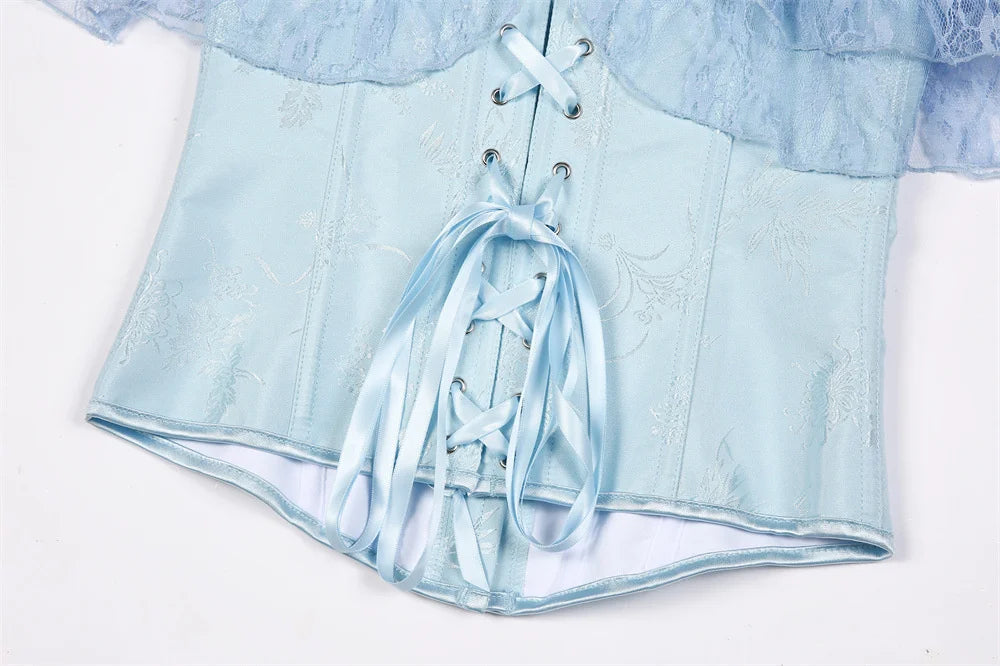Women Sky Blue Retro Jacquard Corset Tops Lace Short Sleeved One Shoulder Sexy Slimming Shaper Overbust Bustiers Lingerie