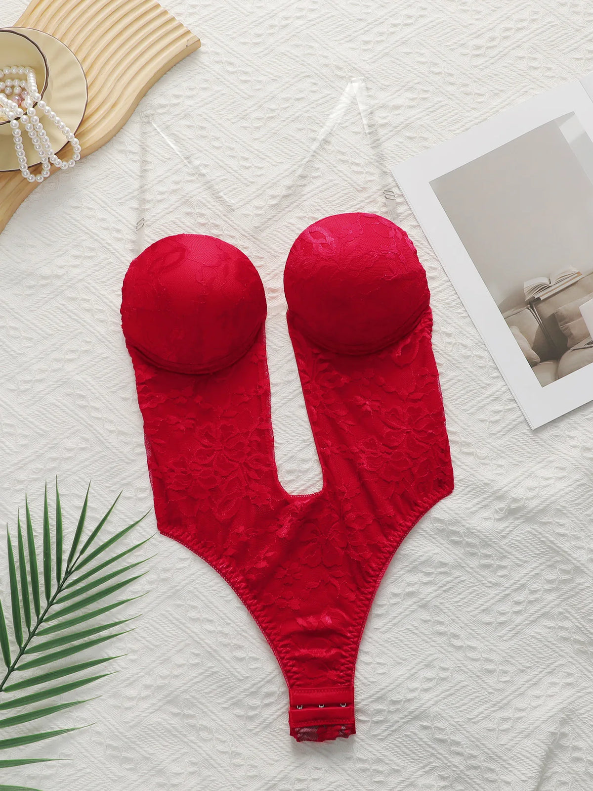 Red Lace Underwire Bodysuit Deep V Plunge Teddy Lingerie Removable Clear Strap Snap Crotch One Piece Shapewear A8188
