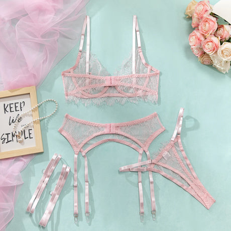 Women's Pink Floral Lace Sheer Lingerie Set See-Through Push-Up Bra Waist Cincher with Garter Belt Thong Intimate Erotic Outfits