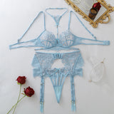 Light Blue Lace Lingerie Sets Women Fashion Halter Neck Harness Garter Belt 4Piece Set Sheer Floral Lace Underwire Bra Underwear