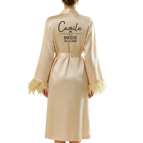 Personalized Name Date Wedding Feather Bride Robe Bridesmaid Bathrobe Nightwear Long Elegant Woman Gown Sexy Nightgown for Party
