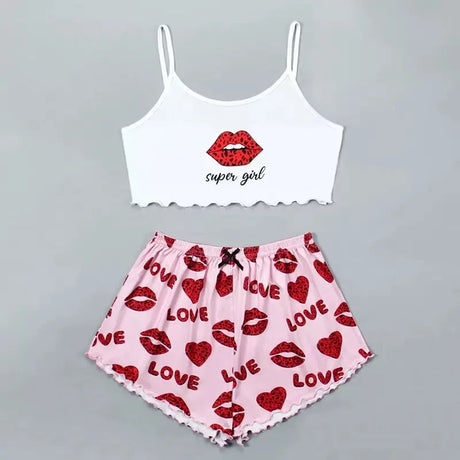 Summer Women's Milk Silk Printed Crown & Flamingo Shorts  Tank Top Two-Piece Set Casual Loungewear Homewear Sleepwear