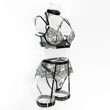 Sexy Lace Lingerie Set With Garter Belt Eyelash Underwire Bra Nude Illusion Strappy Sensual Costume Exotic Underwear Party Club
