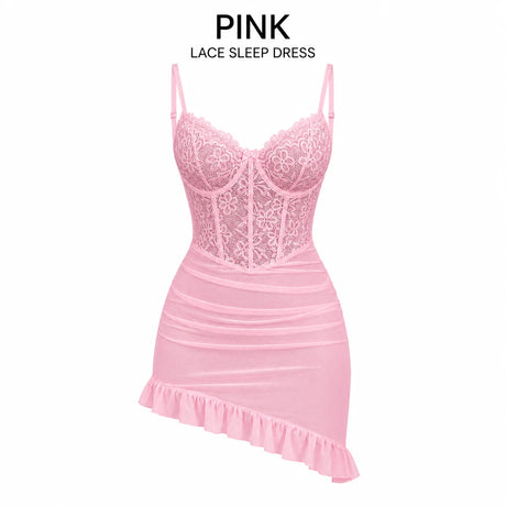 Women's Transparent Lace Lingerie Nightdress with Matching Panties, Ruched Ruffle Hem Babydoll Sleepwear, Four Colors S-XL