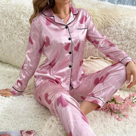 Women Satin Pajama Casual Sleepwear Home Clothes Suit Autumn Long Sleeve Button Up Top & Pants Nightwear Loungewear Pyjama Femme