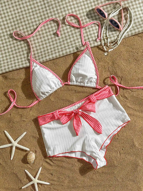 Women 2 Piece Swimwear Ribbed Bikini Gingham Trim Halter Triangle Top Bow High‑Waisted Bikinis Boyshort Summer Beach Swimsuit