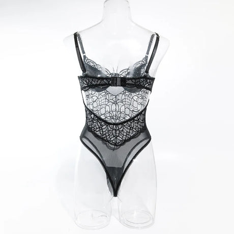 Sexy Women's Lingerie Lace Patchwork Hollow Out Bodysuit Black Solid Color Slim Suspender Backless Underwire One Piece Jumpsuit