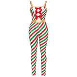 Christmas Candy Cane Women Cosplay Jumpsuit Gold Waistband Spaghetti Strap Romper Holiday Fancy Dress Xmas Themed Party Costume