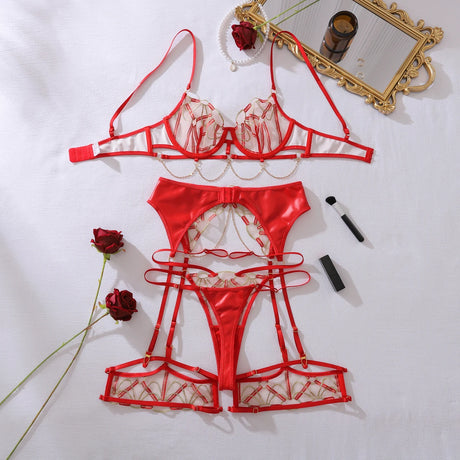 Ladies Sexy Luxury Gothic Costume Carnival Set Exotic Fashion Hollow Out Lace Transparent Erotic Lingerie Panties 4 Piece Set