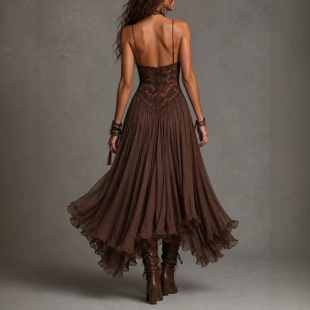 Women‘s Spaghetti Strap Lace Midi Boho Dress Sexy V Neck Ruched Flowy Mesh Sheer Dress Tiered Hem Western Vacation Party Dresses