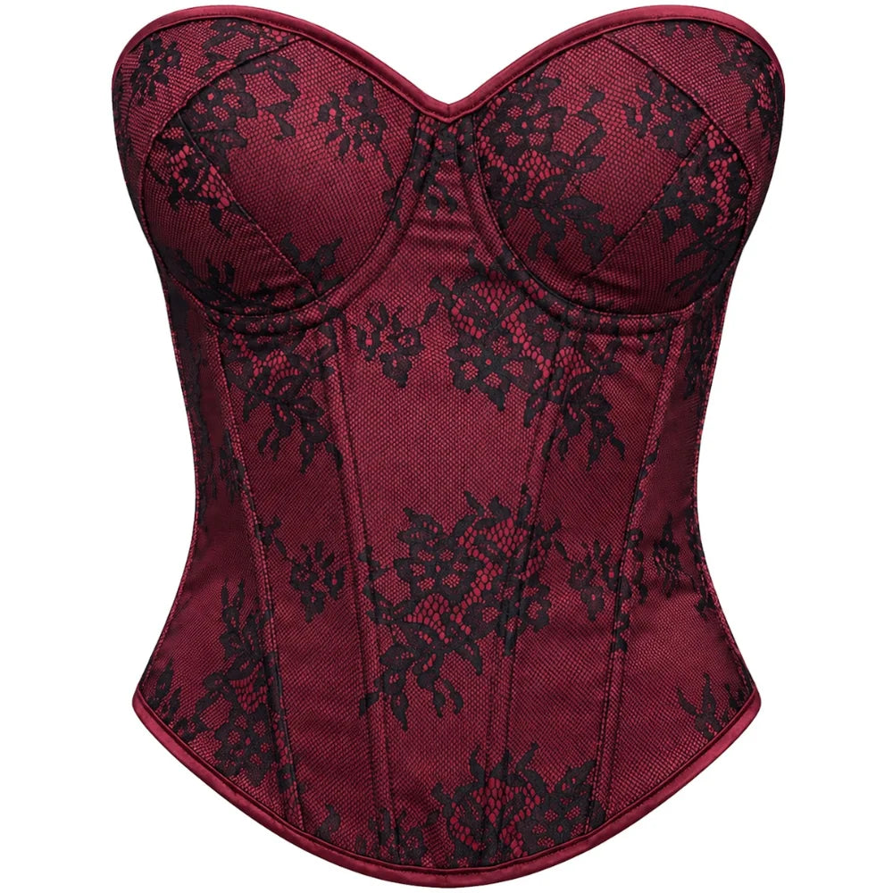 Women's Lace Corset Top Strapless Burgundy Black Molded Cup Back Lace-Up Waist Cincher Push-Up Bustier