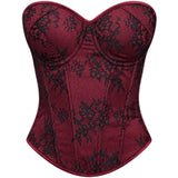 Women's Lace Corset Top Strapless Burgundy Black Molded Cup Back Lace-Up Waist Cincher Push-Up Bustier