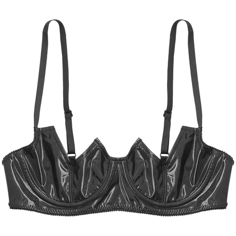 Women Sexy Exposed Nipple Bras Wet Look Patent Leather Underwired Brassiere Top Lingerie for Nightclub Pole Dacing Nightwear