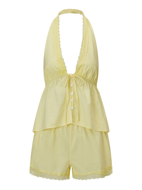 Women Summer Casual Outfit Lace Trim Halter Babydoll Tops and Shorts Solid Color 2 Pieces Sets