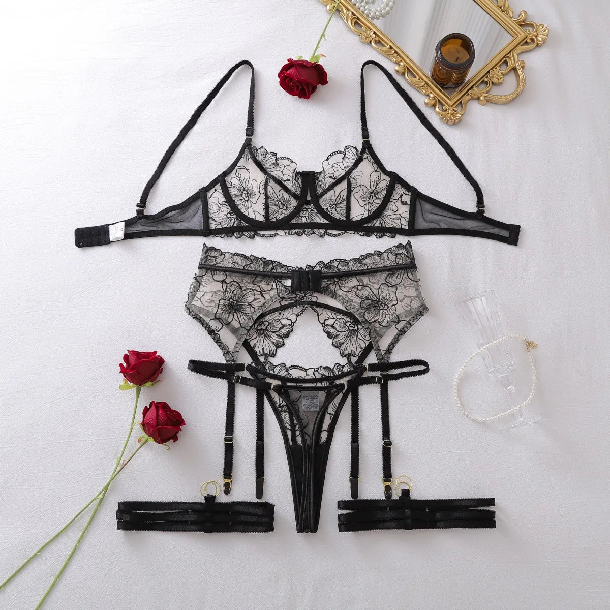 Ellolace French Women's Lingerie Fantasy Embroidered Bra Belt Thong with Leg Circles Elegant Floral Romantic Cute Miss Underwear