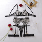 Ellolace French Women's Lingerie Fantasy Embroidered Bra Belt Thong with Leg Circles Elegant Floral Romantic Cute Miss Underwear