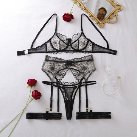Ellolace French Women's Lingerie Fantasy Embroidered Bra Belt Thong with Leg Circles Elegant Floral Romantic Cute Miss Underwear