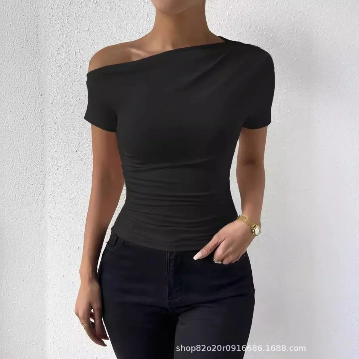 2026 New Women's Off-Shoulder Pleated Top Summer Y2K Sexy Crew Neck Short Sleeve Fashionable Elegant Slim-Fit Top