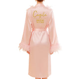 Personalized Name Date Wedding Feather Bride Robe Bridesmaid Bathrobe Nightwear Long Elegant Woman Gown Sexy Nightgown for Party