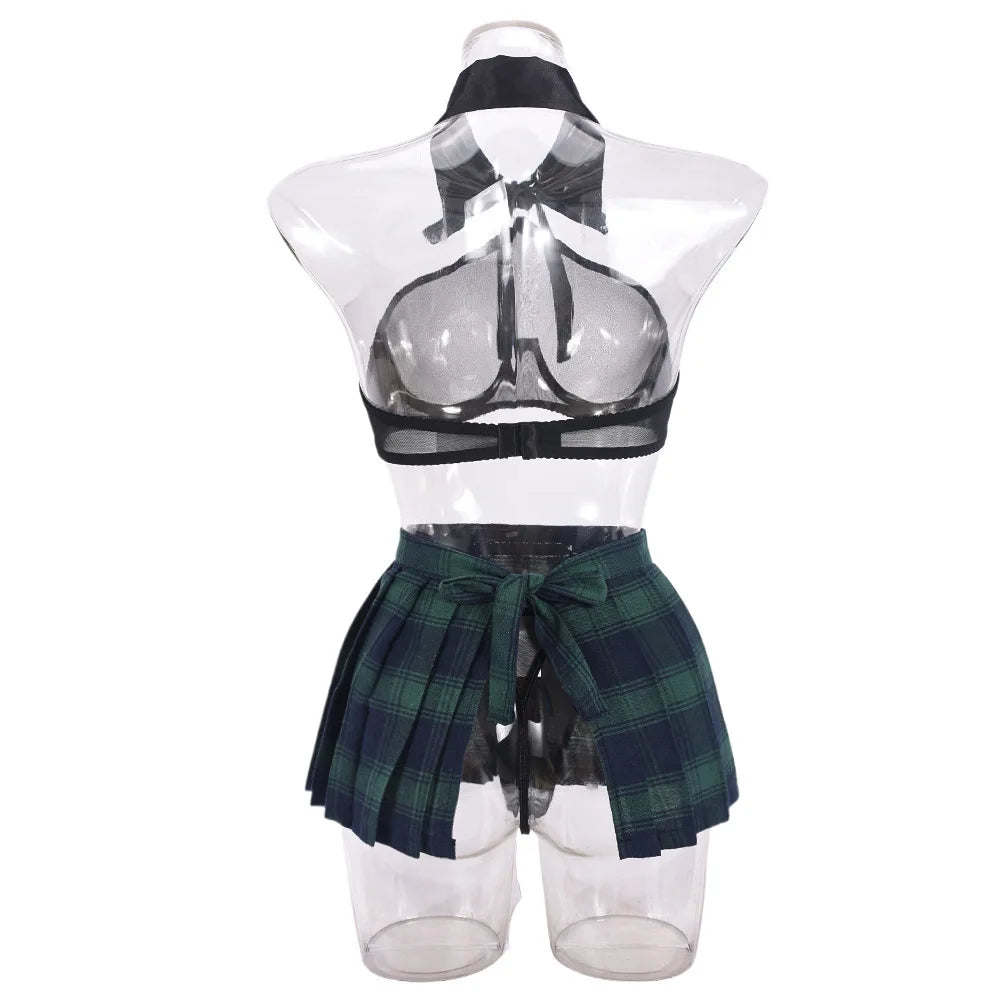 Ellolace Students Cosplay Lingerie Green Plaid Skirt Ultra Hot Halter Bra Transparent Necktie g-String Thongs Ensemble Lingeries