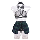 Ellolace Students Cosplay Lingerie Green Plaid Skirt Ultra Hot Halter Bra Transparent Necktie g-String Thongs Ensemble Lingeries