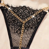 2024 New Sexy Solid Color Lace Metal Chain Thong Hot Low Waist Transparent Erotic Panties Women's Underwear Crotchless G-String