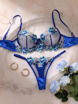 Women Royal Blue Floral Embroidery Lingerie Set Satin Sheer Mesh Underwire Bra & Thong Intimate Underwear ZA825146