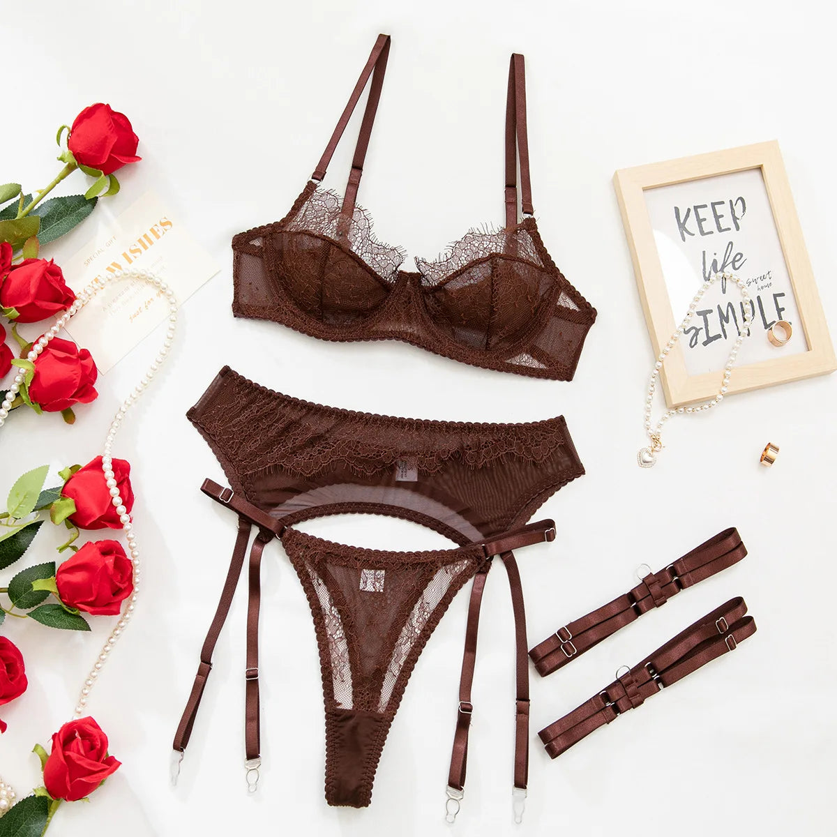 Women's Red Lace Lingerie Set with Underwire Bra High Waist Garter Belt Thong and Thigh Straps Romantic Bedroom Outfit Set 2026
