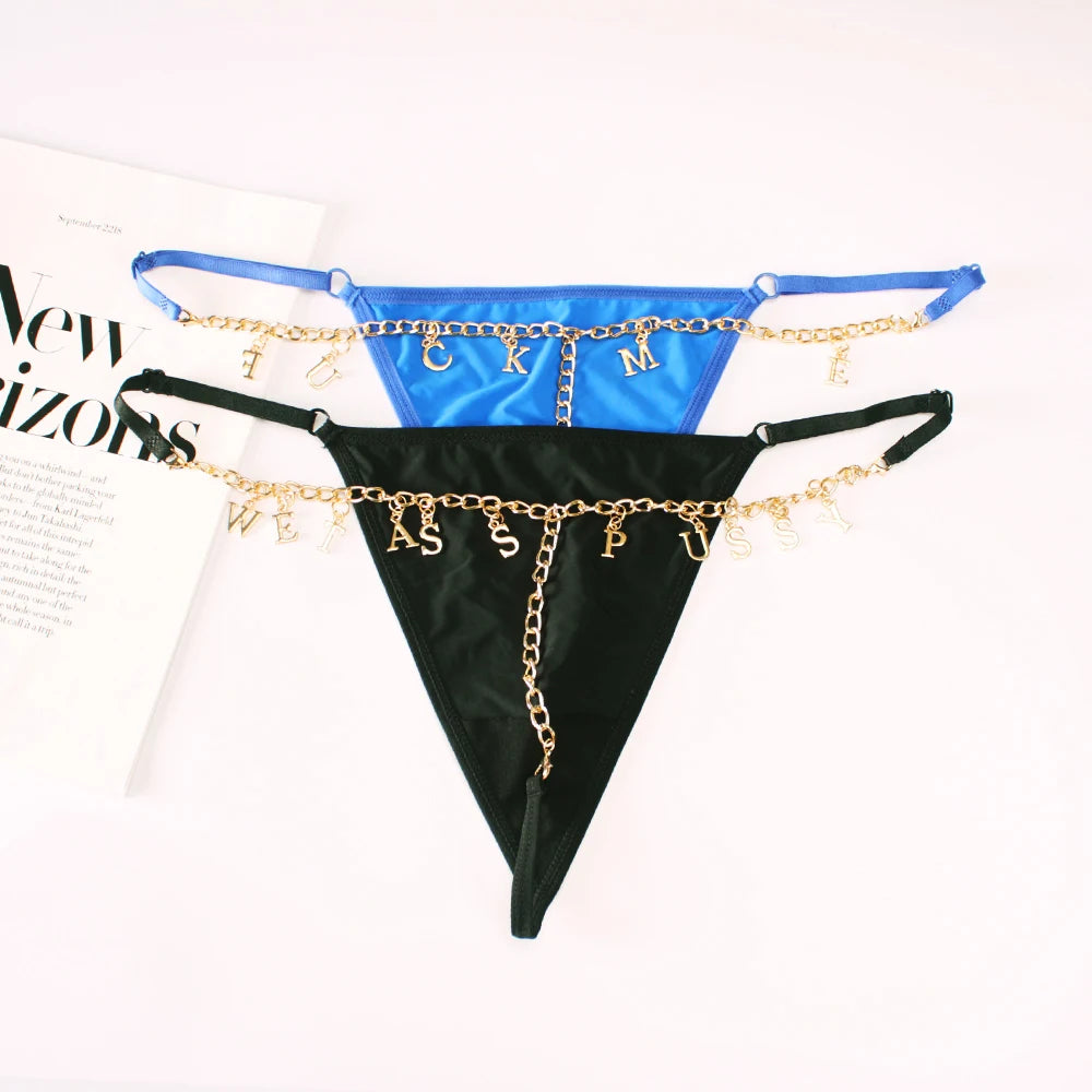 Personality Sexy Custom Name Gold Metal Letter Thong Panties Waist G-Strings Exotic Lingerie Breathable Underwear Ladies