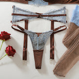Diccvicc Women's Blue Lace Lingerie Set Brown Underwire Bra Garter Belt Thong Stockings See Through Hot Luxury Fashion Underwear