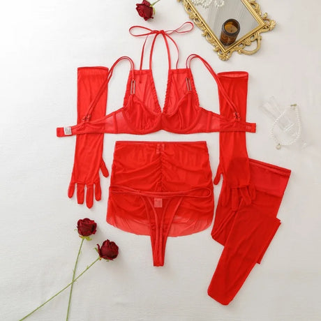 Seductive Red Women's Lingerie Sets Wild Sexy Sheer Mesh Double Strap Halter Bra Panty Mini Skirt Gloves Stocking 5PC Erotic Set