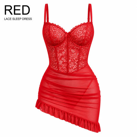 Women's Transparent Lace Lingerie Nightdress with Matching Panties, Ruched Ruffle Hem Babydoll Sleepwear, Four Colors S-XL